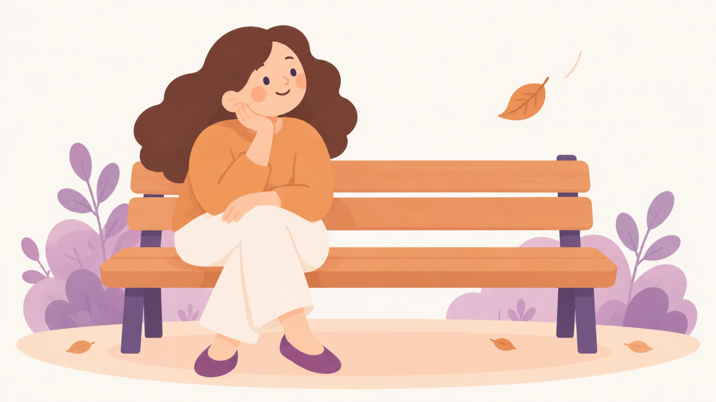 Illustration of a character sitting on a bench beside an empty space, a single leaf falling.