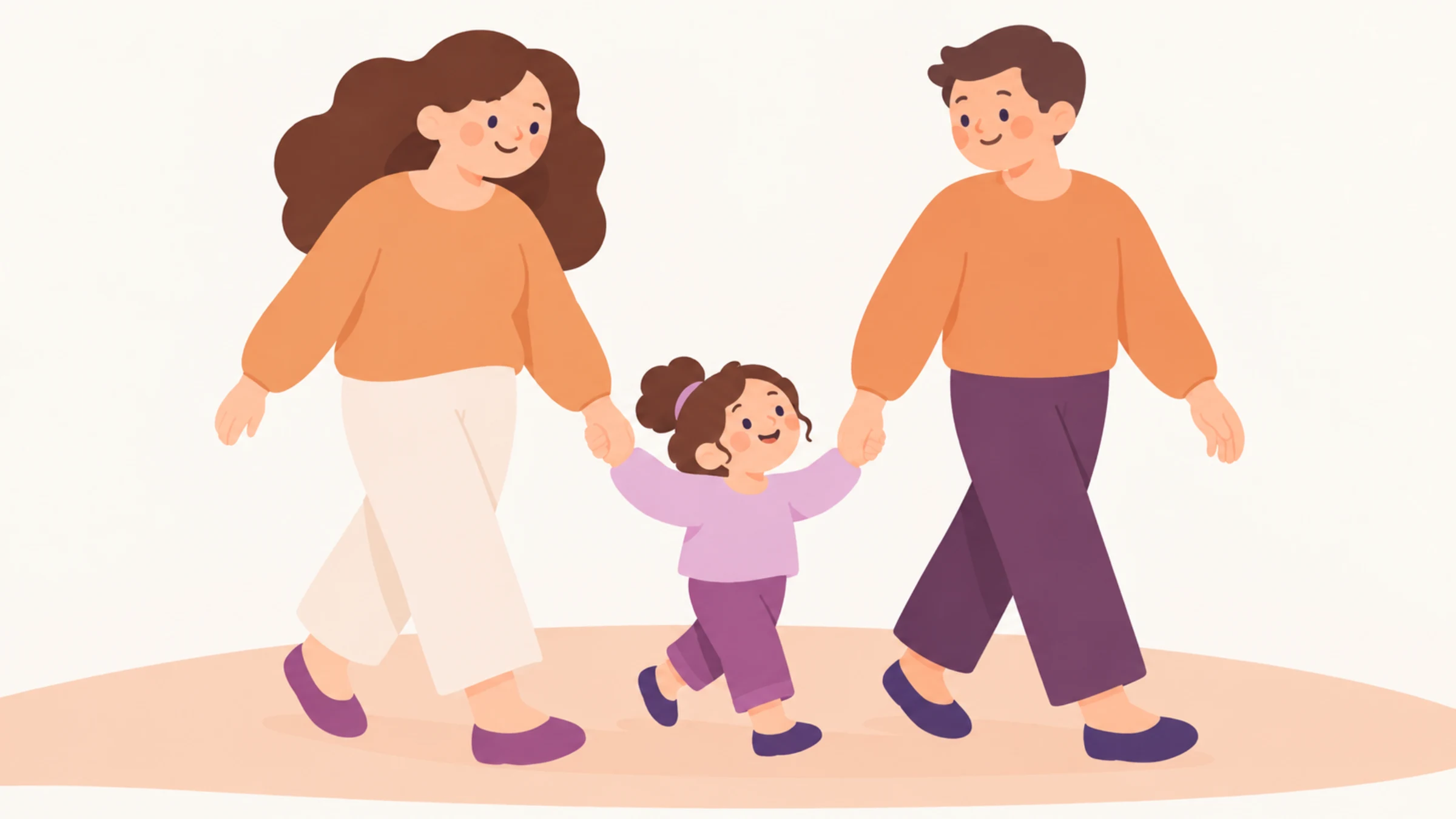 Illustration of two parent characters walking side by side on one path, each holding one hand of a small child character between them.