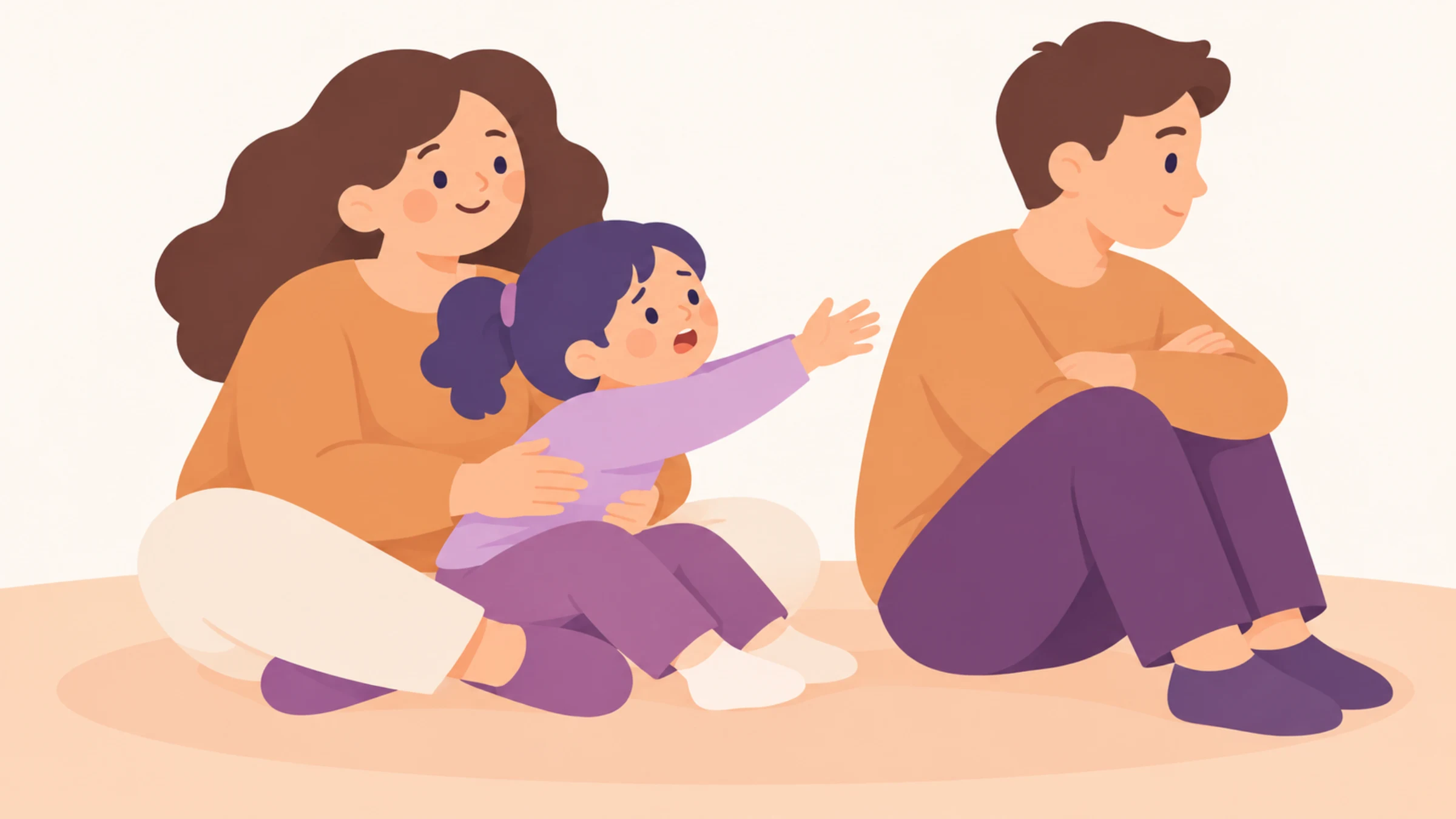Illustration of a small child character between two parent characters, one parent turned away and faded, the child reaching toward it.