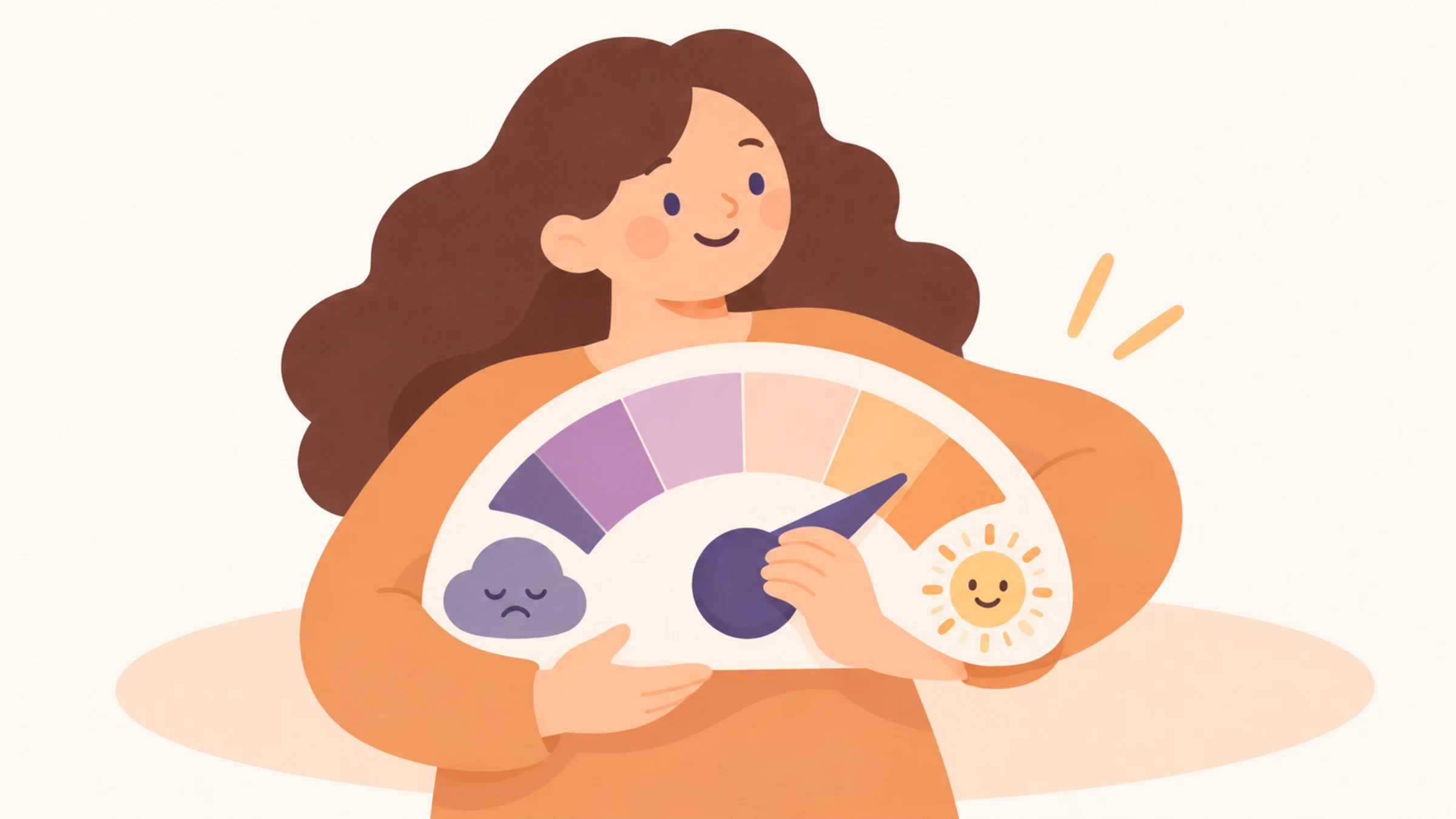 Illustration of a character holding a big dial with a sun on one end and a cloud on the other end.