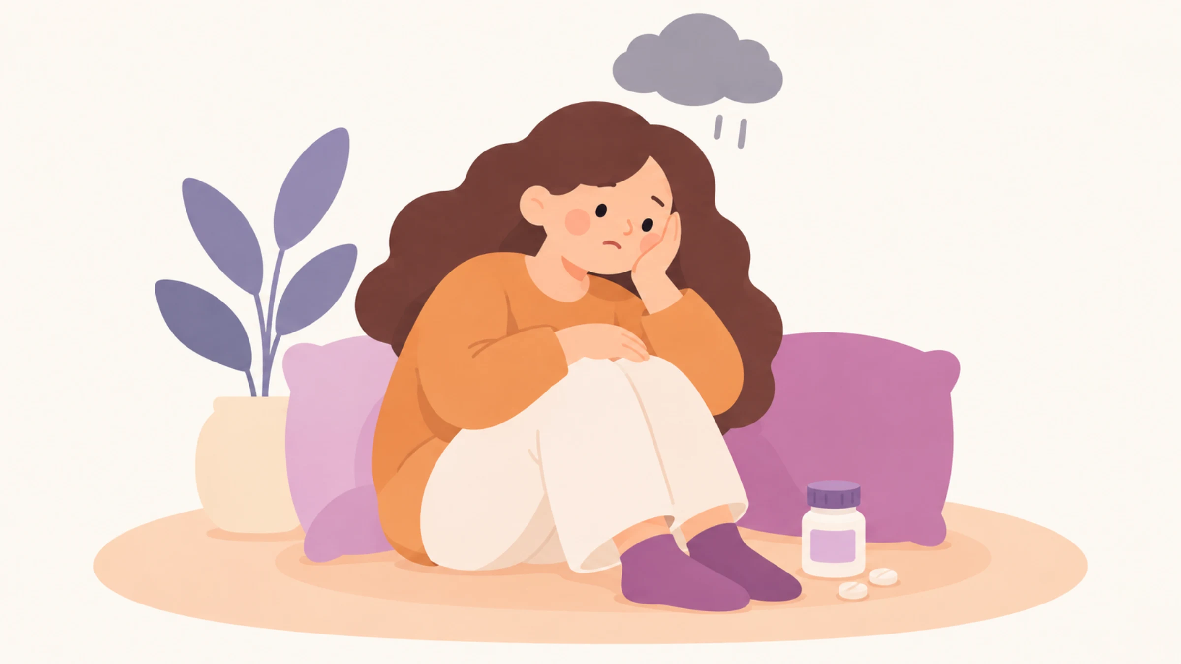 Illustration of a tired character sitting next to a small medicine bottle, a small grey cloud above its head.