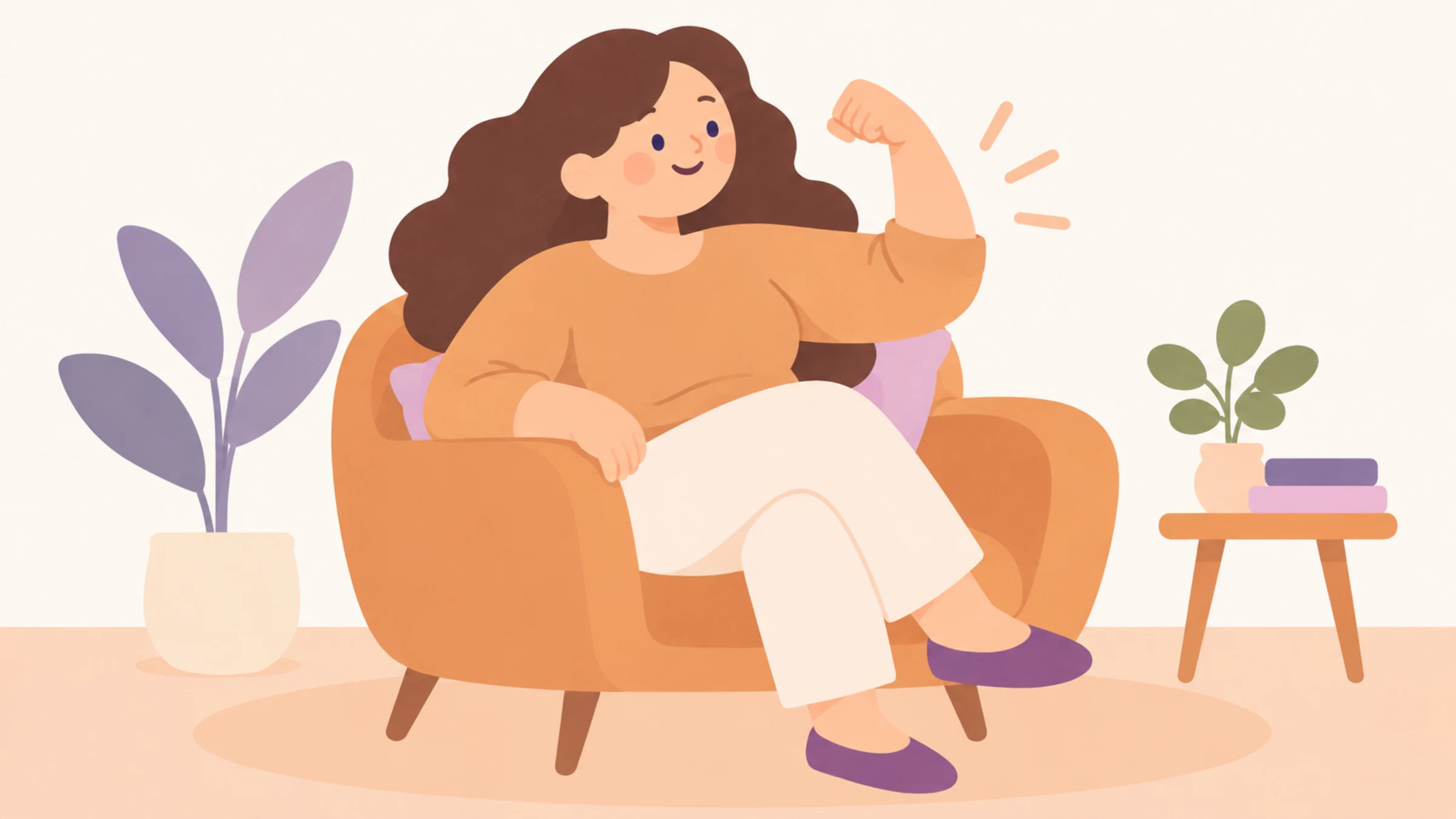 Illustration of a character sitting in an armchair proudly flexing one arm, smiling.