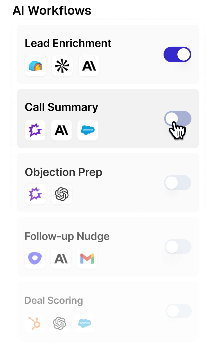 A list of AI workflows with one-click activation