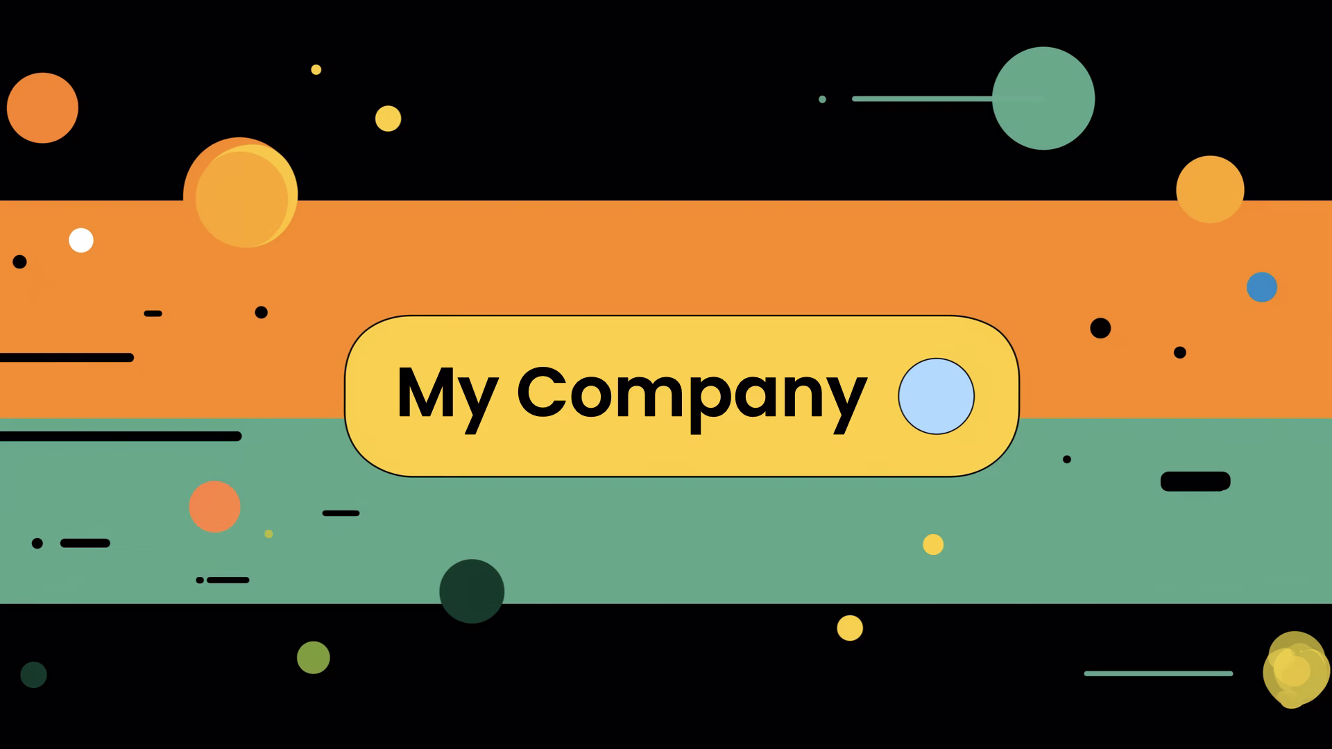 Colorful abstract background with geometric shapes in orange, green, and black sections, featuring yellow pill-shaped badge with 'My Company' text and blue circle accent