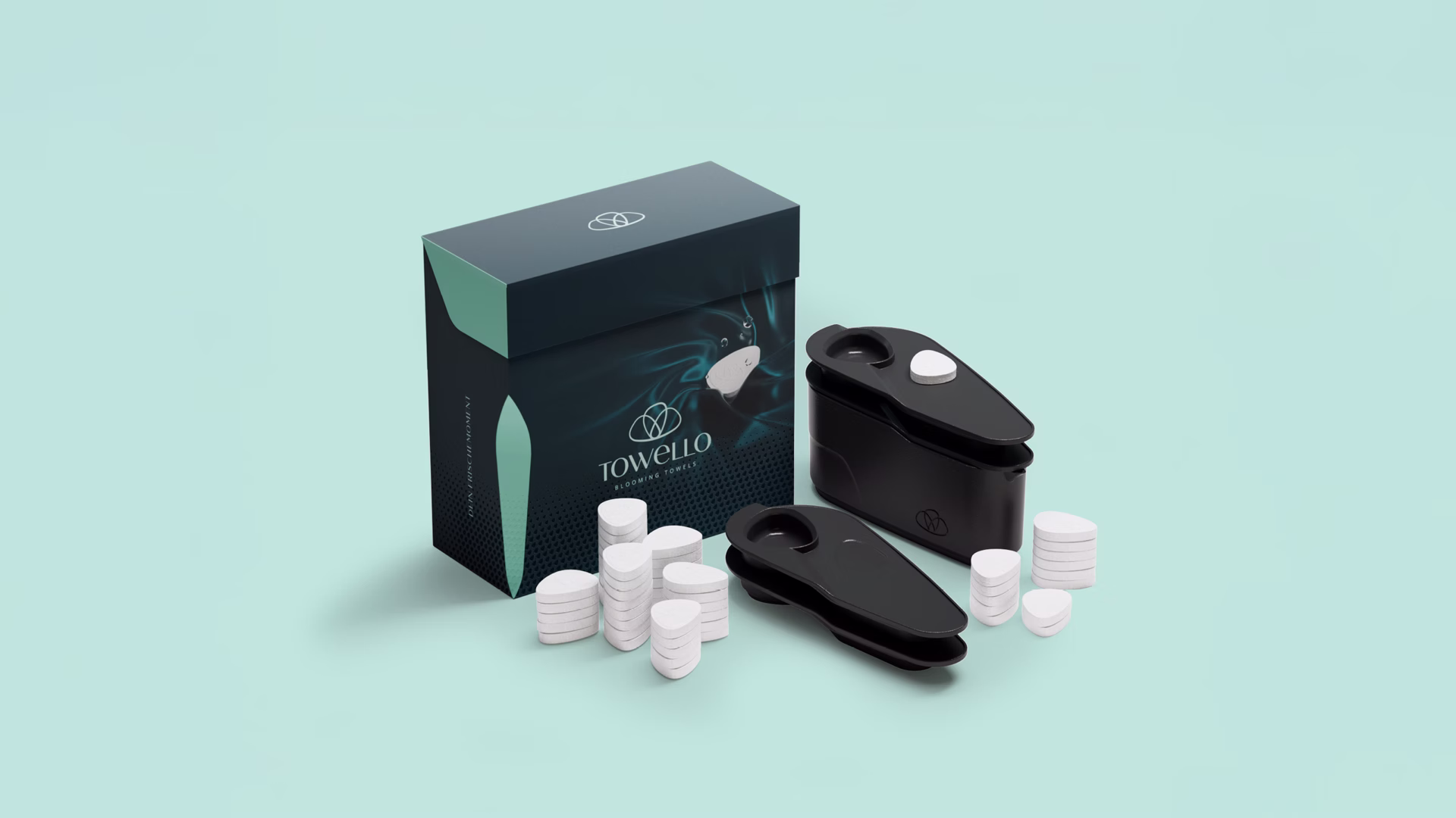 Towello-Produktverpackungen und Spender mit Handtuch-Tabletten auf mintgrünem Hintergrund, zeigt komplettes Produktset