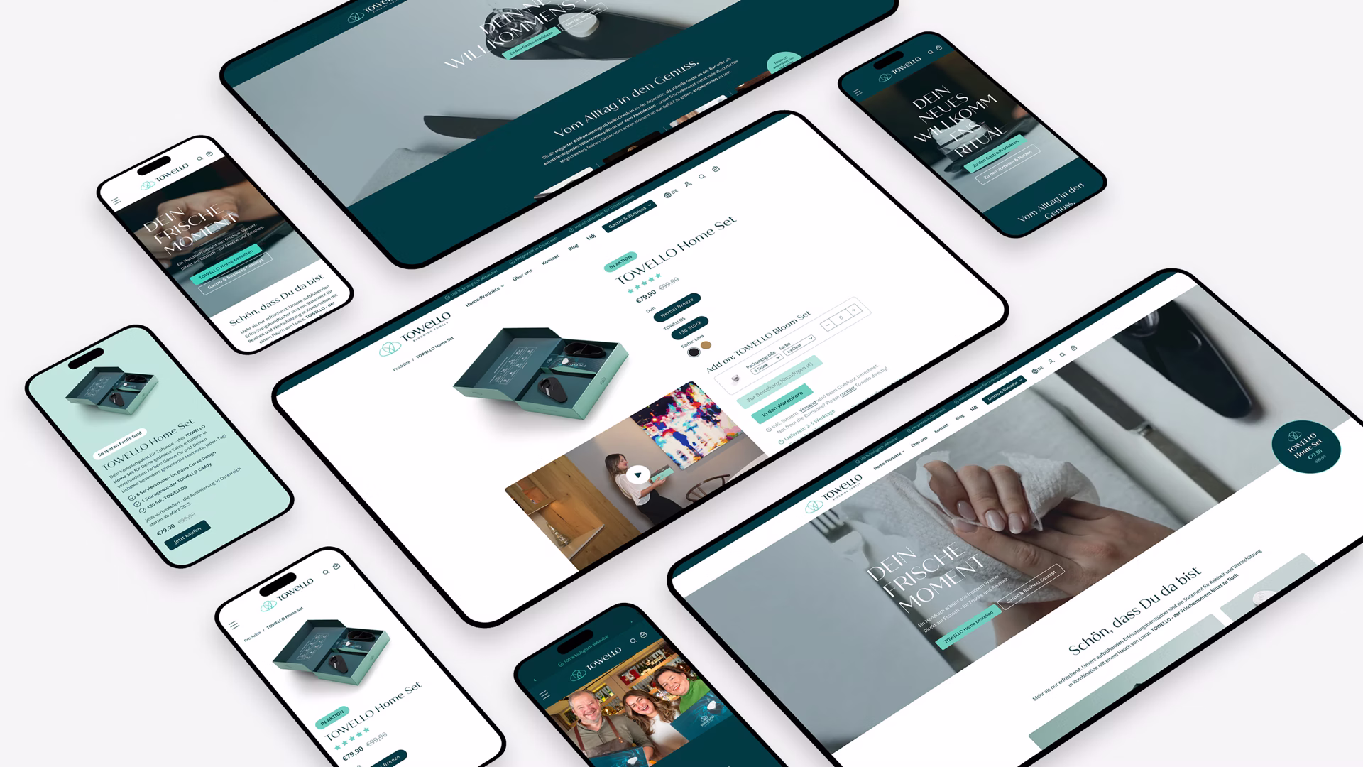 Mehrere Geräte-Mockups zeigen responsives Design der Towello-Website auf Desktop, Tablet und Mobilgeräten