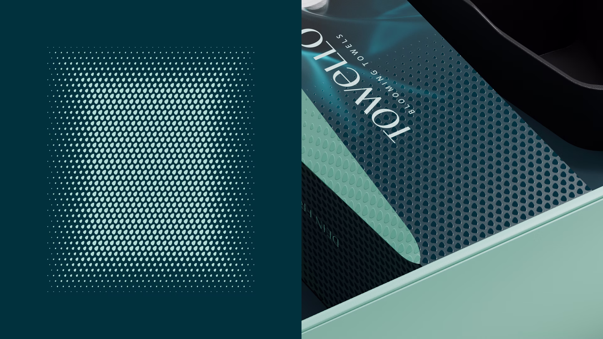 Nahaufnahme des Towello-Verpackungsdesigns mit gepunktetem Muster und Markentypografie in Türkisfarben