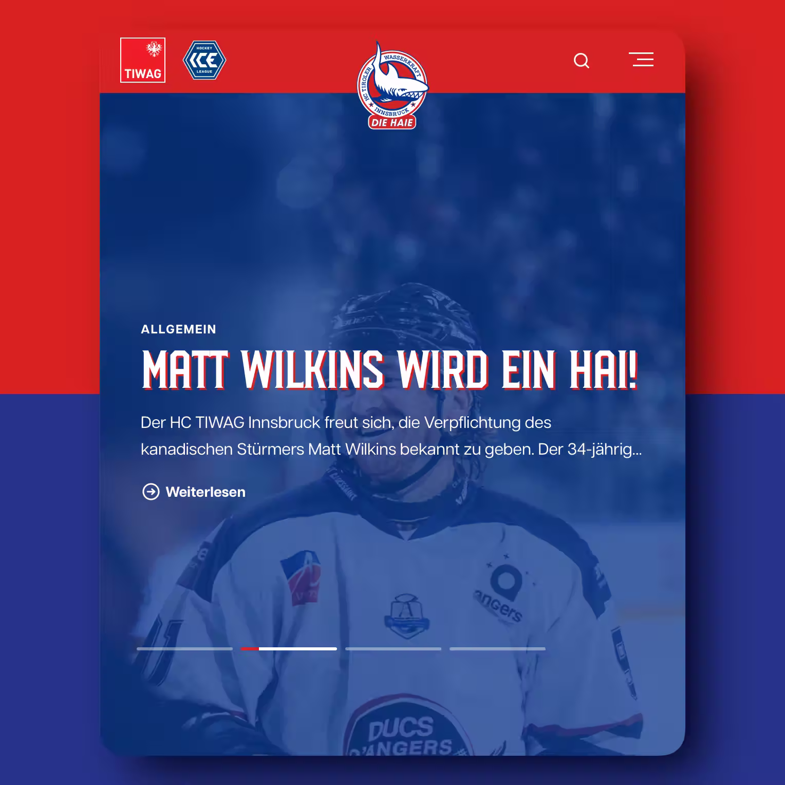 Eishockey-Team Website Homepage zeigt Spieleransage - Matt Wilkins tritt den Haien bei, mit Team-Branding in rot-blauem Farbschema und Navigationsmenü