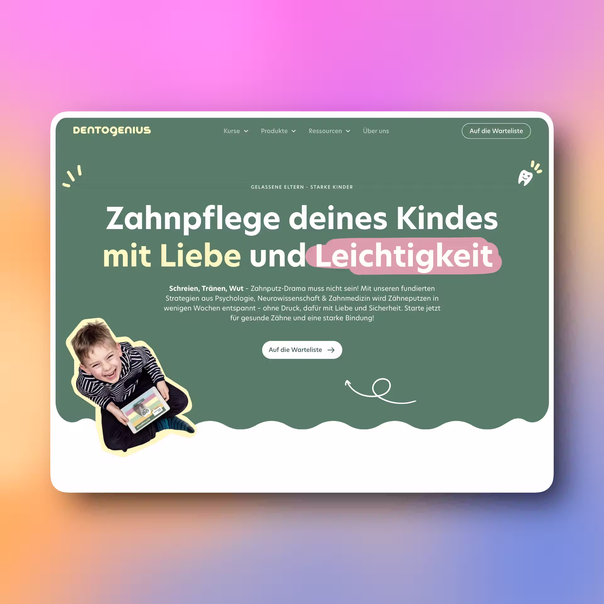 Dentogenius Website auf Tablet mit pink-orangem Gradient, deutschem Text über Kinderzahnpflege und lächelndem Jungen