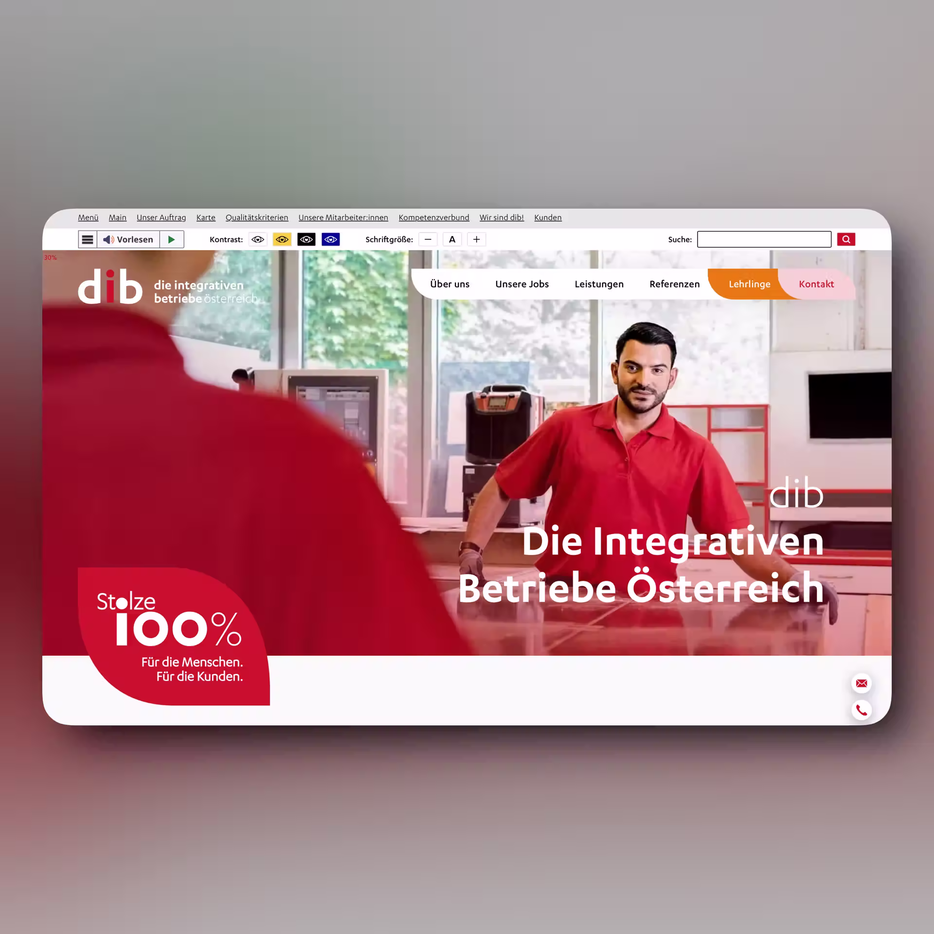 dib Website Homepage mit Barrierefreiheits-Symbolleiste, Navigationsmenü und lächelndem Mann im roten Poloshirt