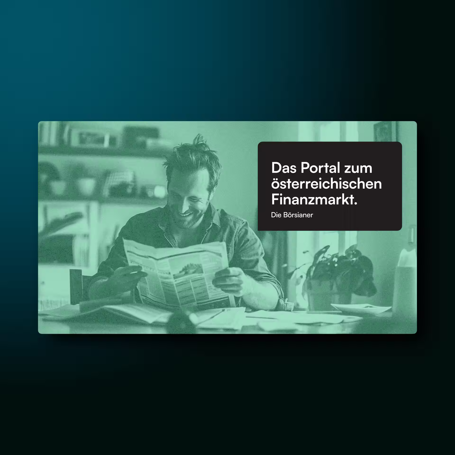 Börsianer Brand-Identität zeigt Mann mit Hund beim Zeitunglesen, grüner Gradient und Tagline 'Das Portal zum österreichischen Finanzmarkt'