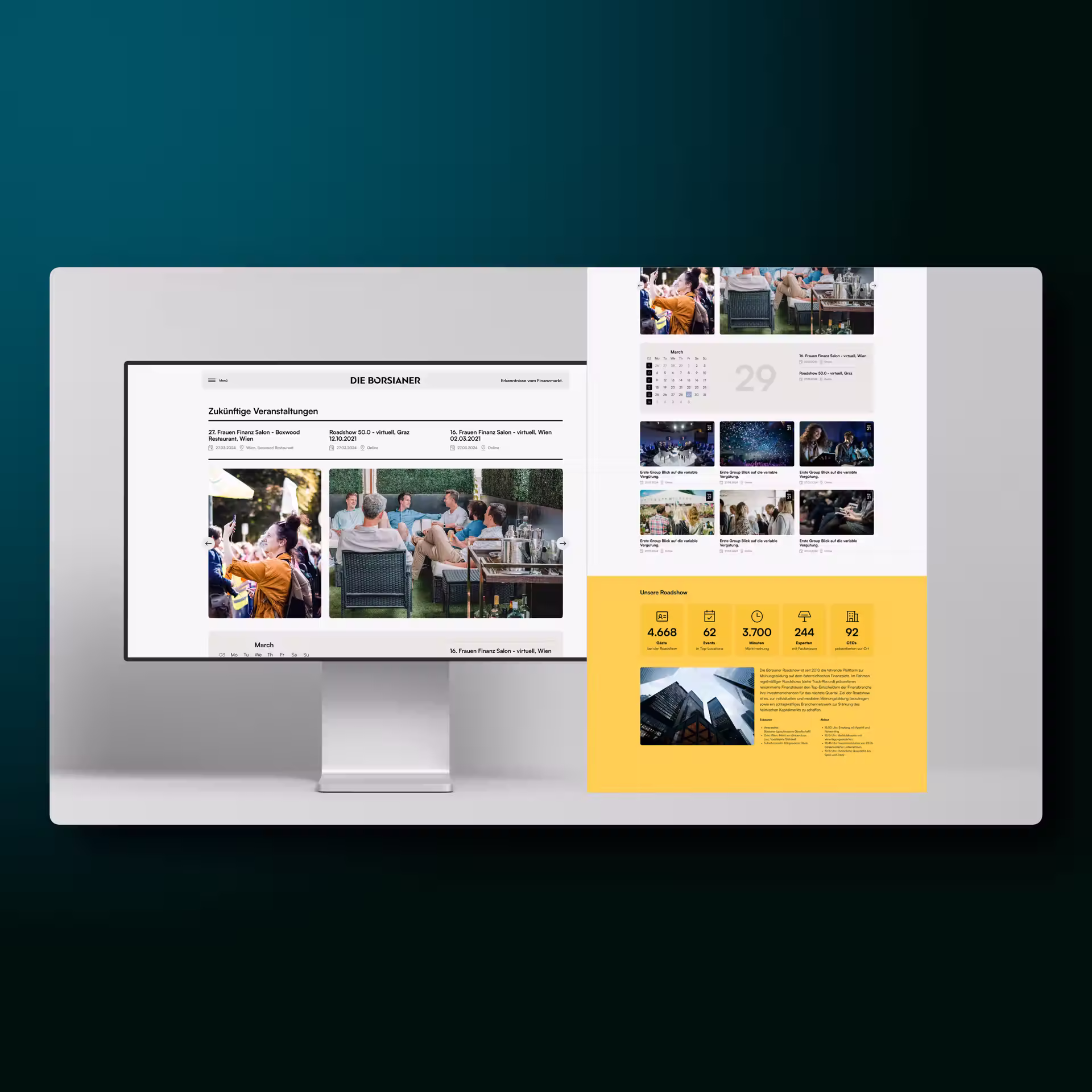 Börsianer Website Desktop- und Mobile-Ansicht mit Events-Seite, Artikel-Grid und gelber Statistik-Sektion