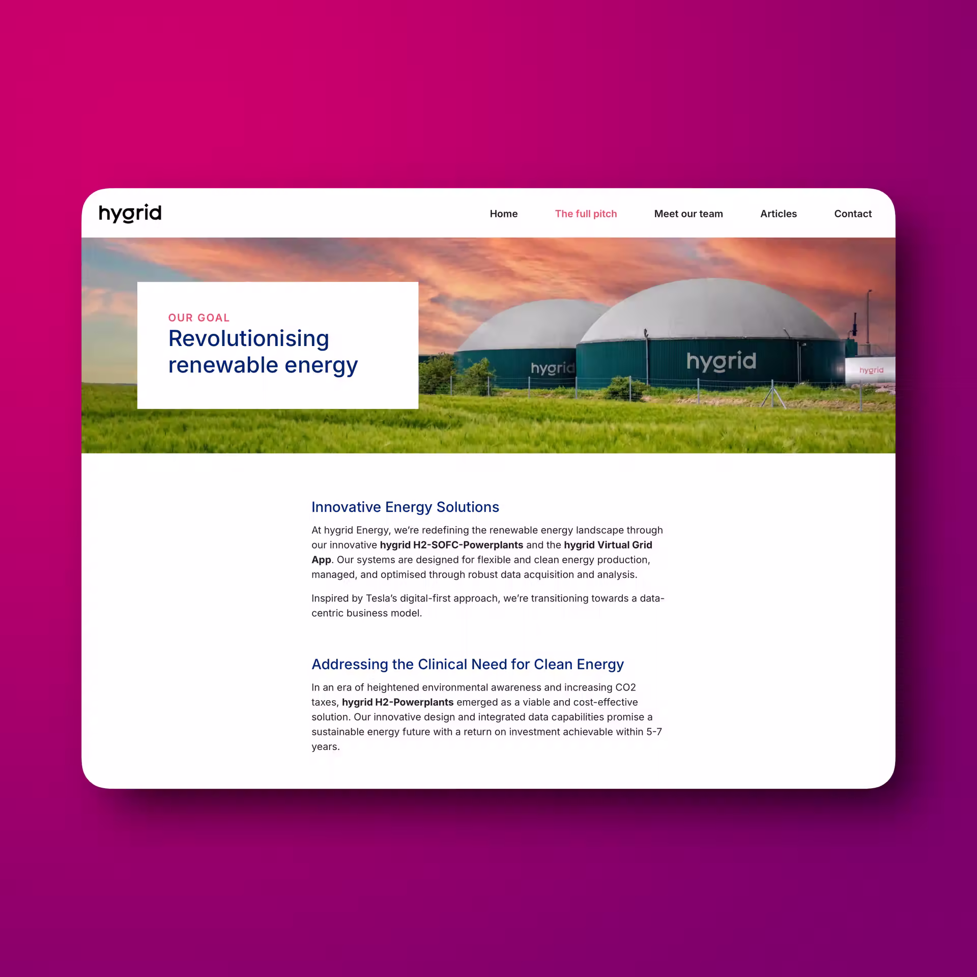 HyGrid Website-Sektion zeigt Biogas-Anlagen in grüner Landschaft mit 'Our Goal: Revolutionising renewable energy' Text