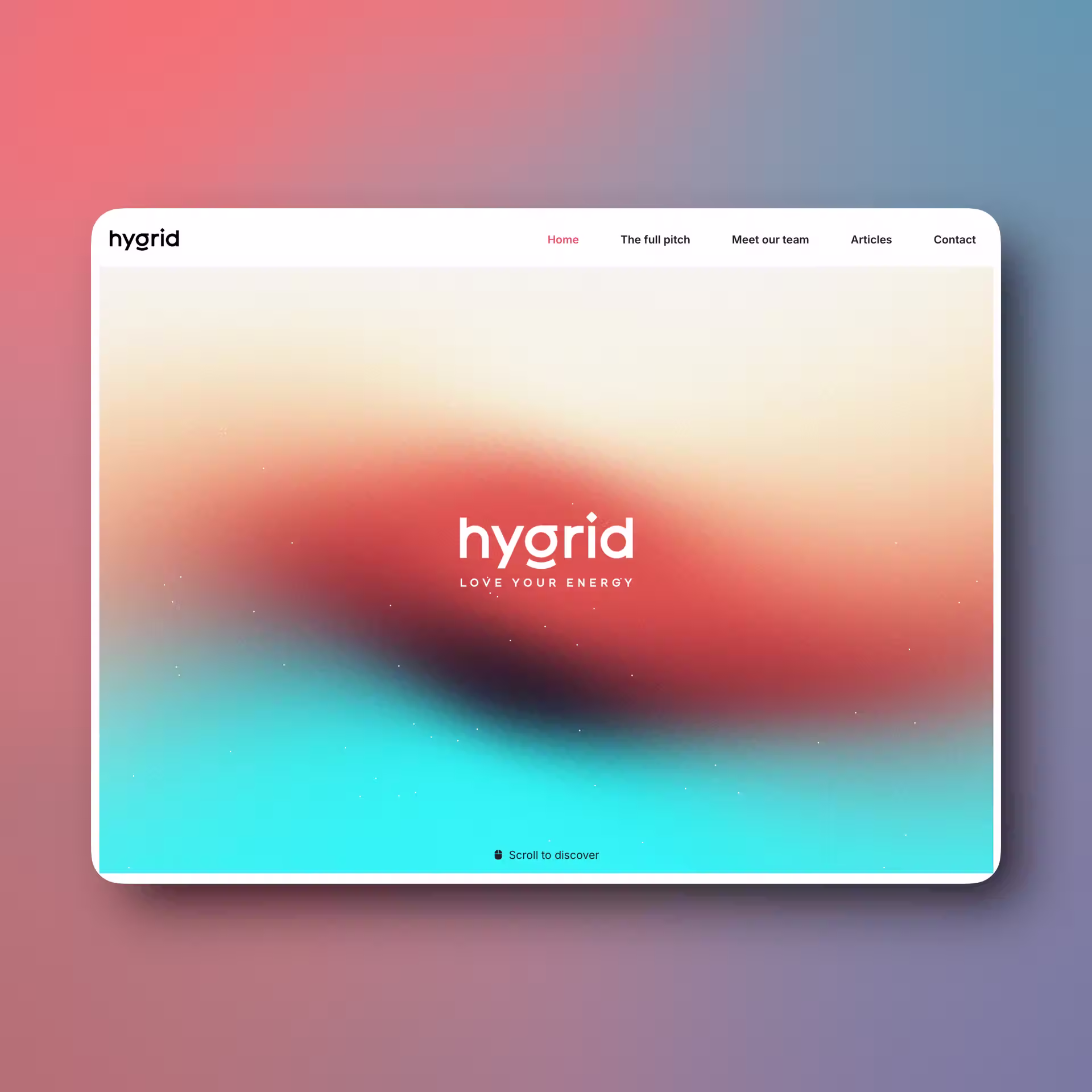 HyGrid Website Homepage mit zentriertem Logo auf farbenfrohem Gradientenhintergrund und 'Scroll to discover' Button