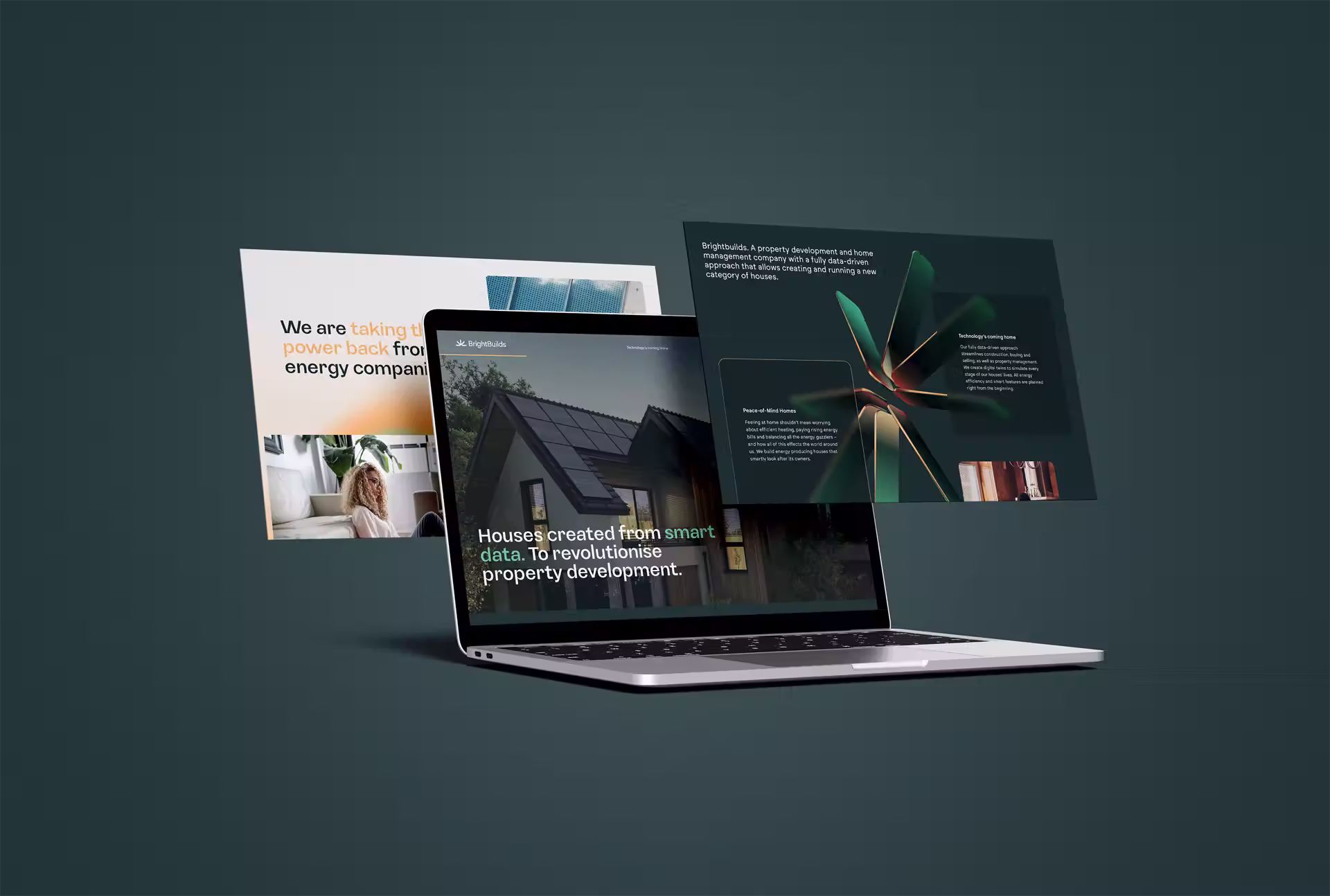 Mockup-Präsentation zeigt BrightBuilds Website auf MacBook mit schwebenden Markenmaterialien und Broschüren vor dunkelgrünem Hintergrund