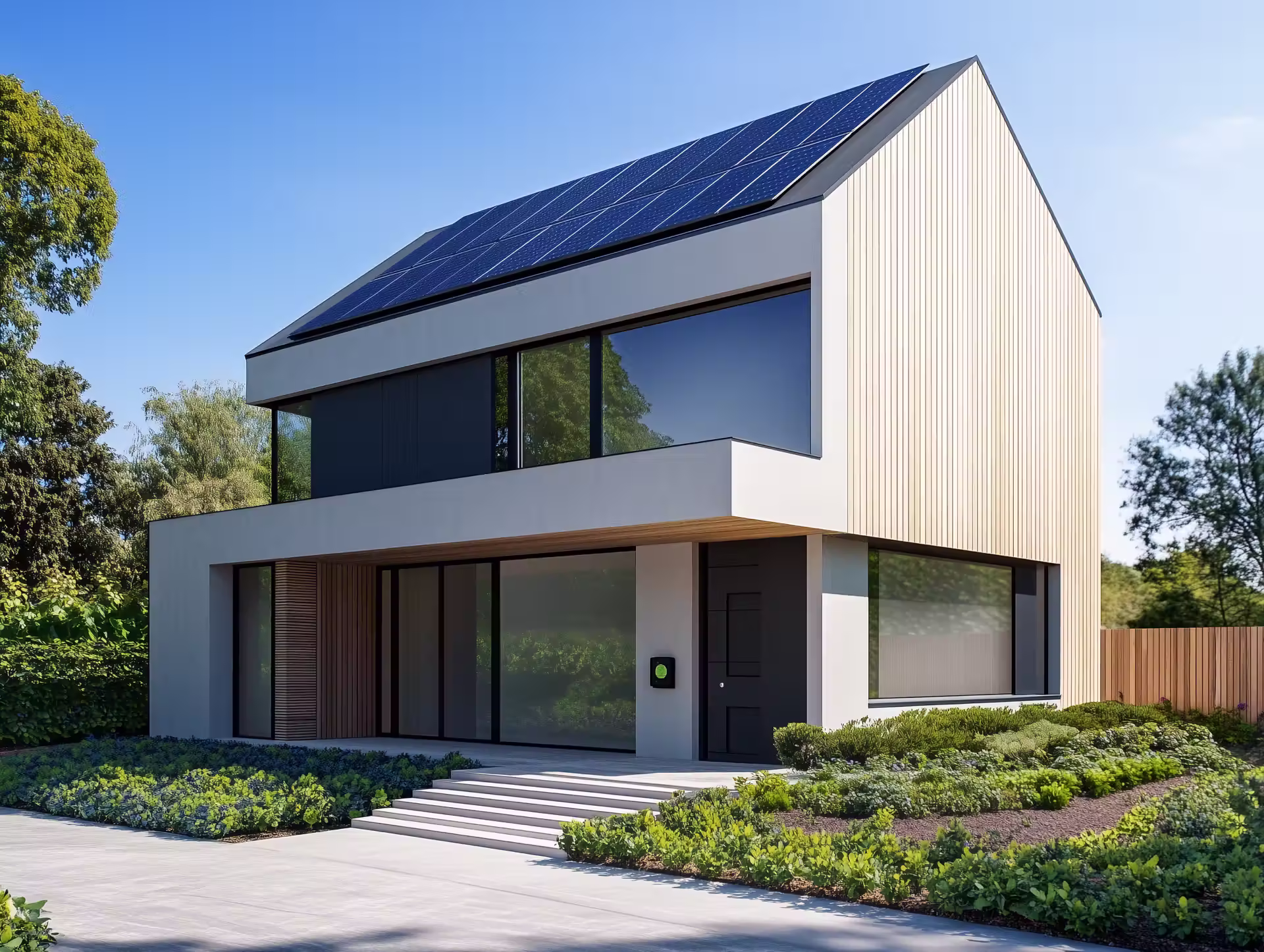 Zeitgenössisches zweistöckiges Smart Home mit ausgedehntem Solarpanel-Array, weiß-holzerner Fassade und minimalistischem Design