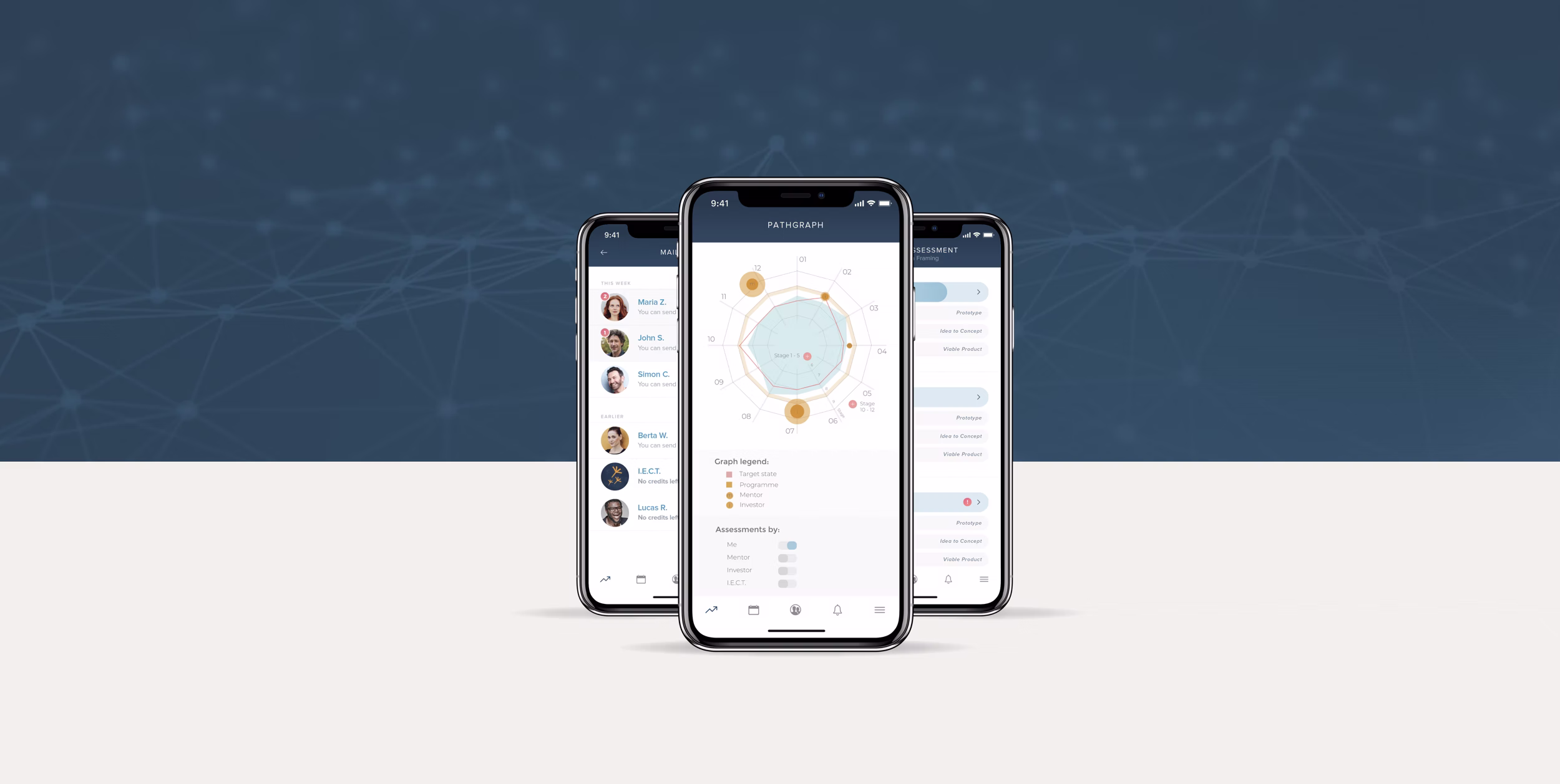 Drei iPhone-Mockups zeigen die I.E.C.T. Network Mobile-App-Oberfläche mit Benutzerprofilen, kreisförmiger Netzwerkvisualisierung und Bewertungstools vor blauem Farbverlaufshintergrund