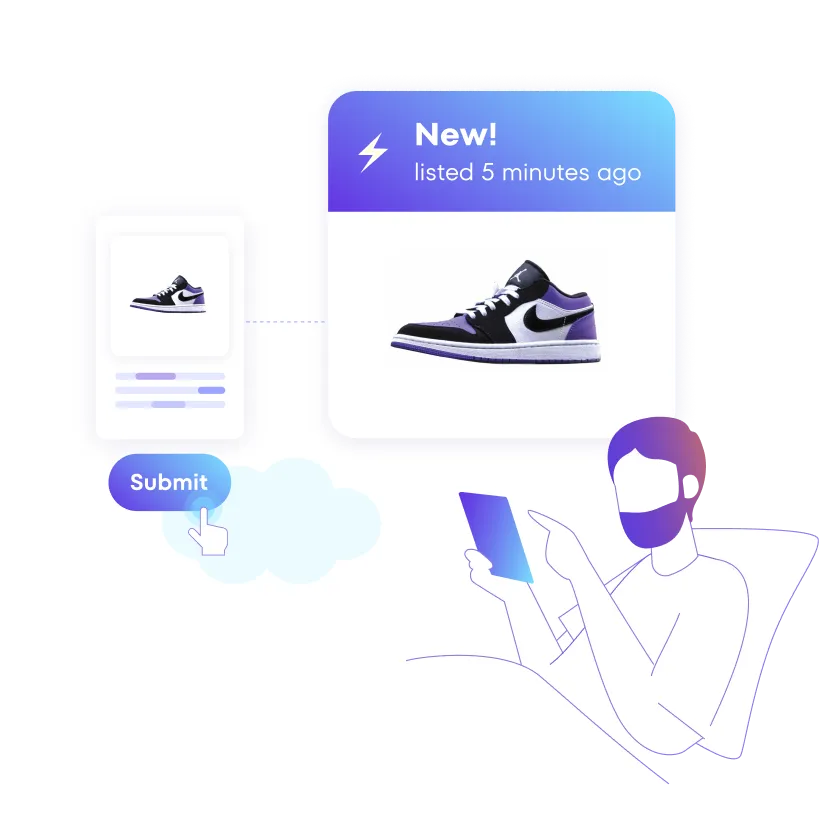 Man lounging on a couch with a cat and receiving a push
notification about new items listed based on his tastes