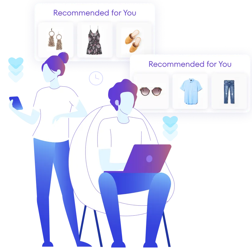 Woman shopping via mobile and man shopping via web 
as new users, receiving recommendations based on cart adds