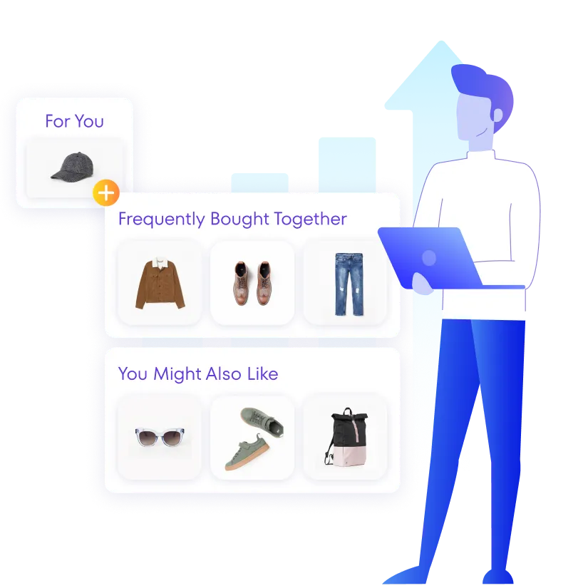 Man being given bundle and upsell recommendations based
on her cart adds, ultimately resulting in a higher order value
