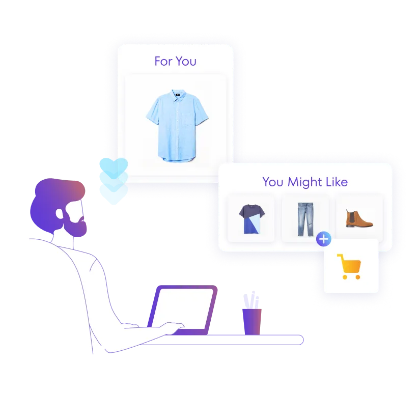Man liking an item via web, saving another item for later, and 
eventually making a purchase thanks to behavior-based
recommendations