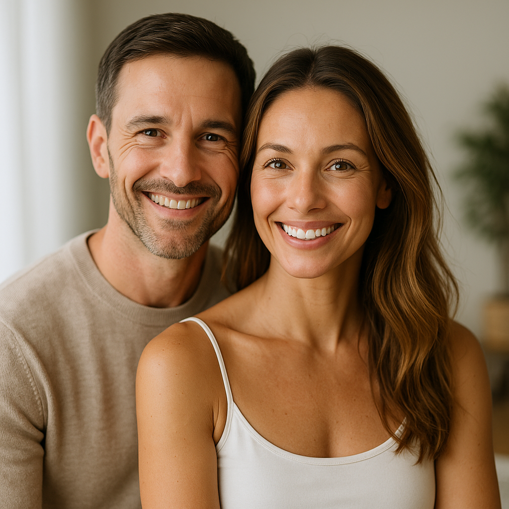Smiling man and woman in natural light representing wellness and rejuvenation at a medical spa in Tampa.