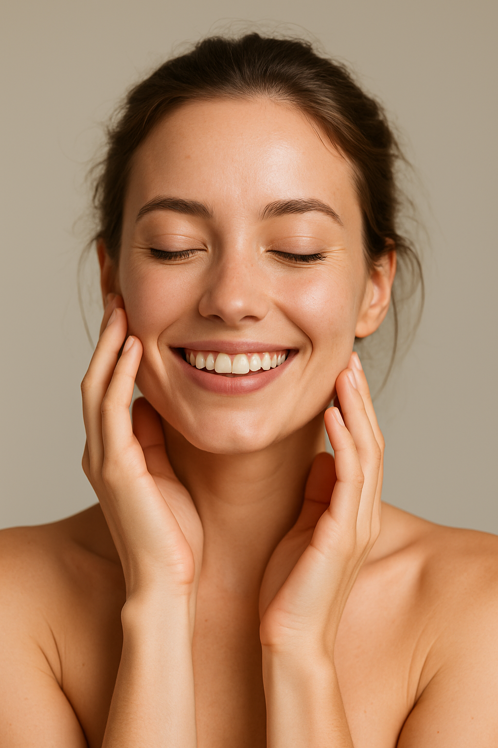 A happy, glowing woman smiling with eyes closed, showcasing healthy skin and wellness in a serene spa-like setting.