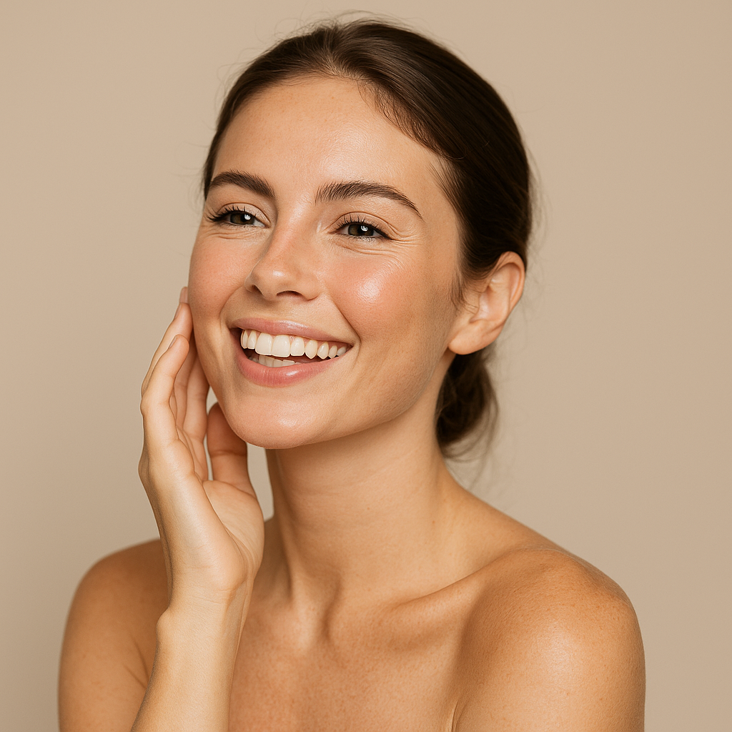 Smiling woman with radiant, healthy skin in a natural wellness setting, representing glowing results from hydrafacial boosters in Tampa, FL