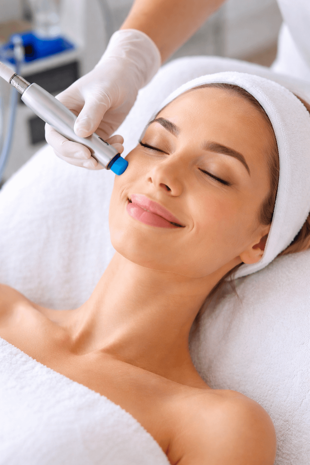 Woman receiving hydrafacial treatment in South Tampa to brighten skin and reduce fine lines