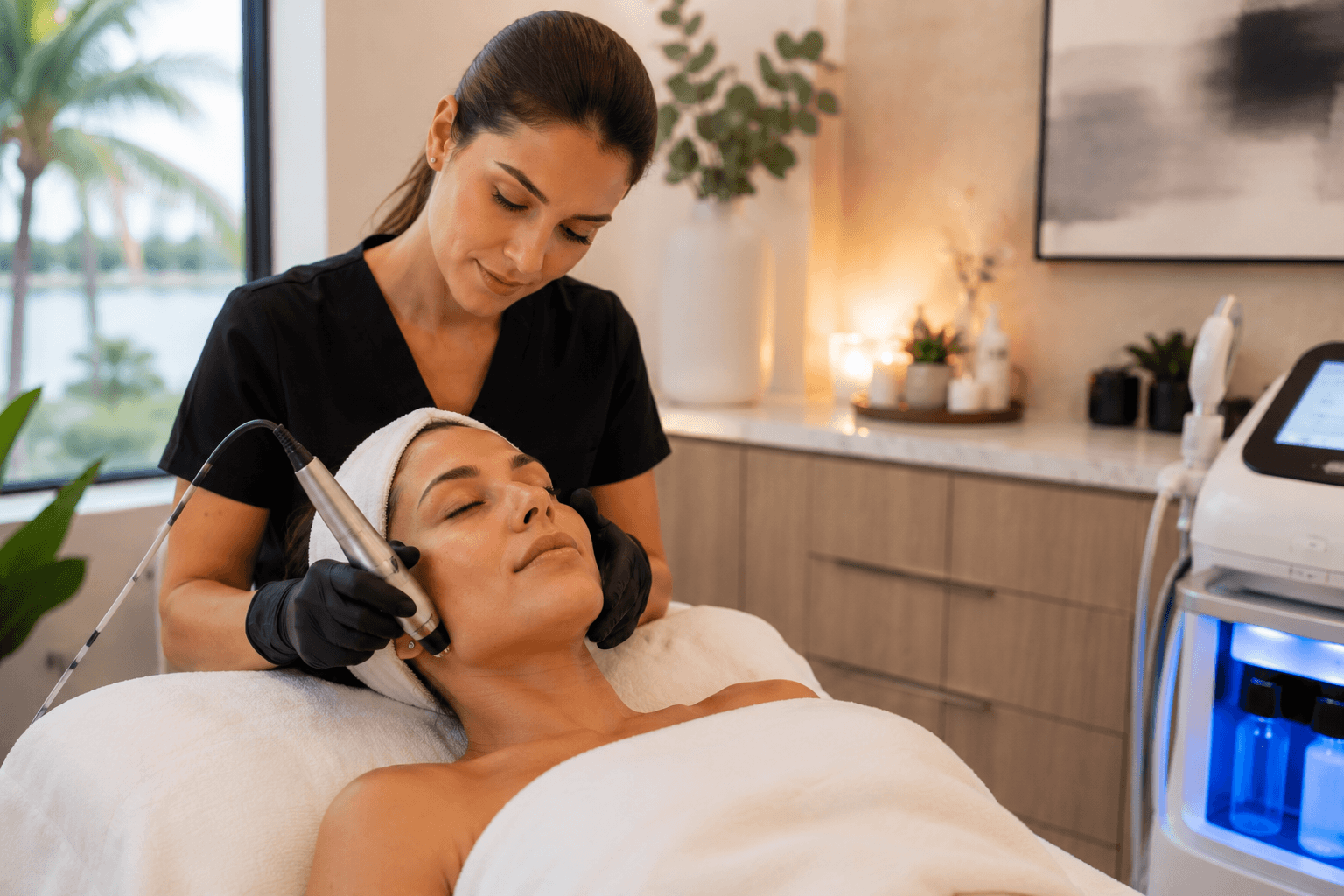 Esthetician performing skin body therapy treatment on a client's back at a Tampa med spa