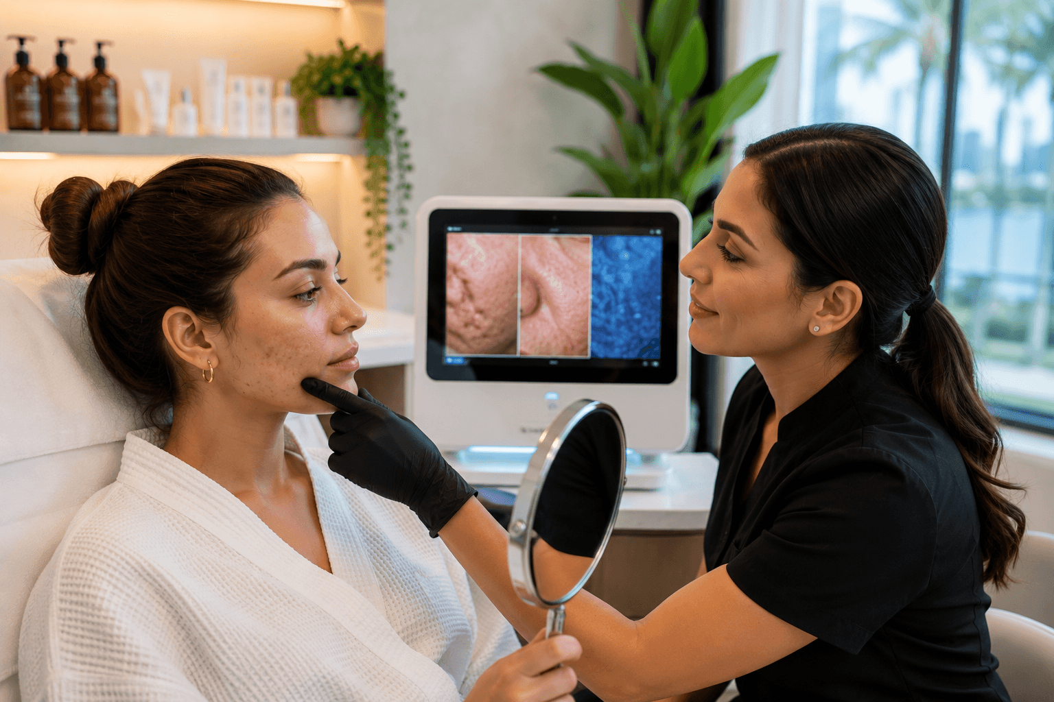 Esthetician performing SkinPen microneedling treatment on a client's cheek at a Tampa, Florida med spa