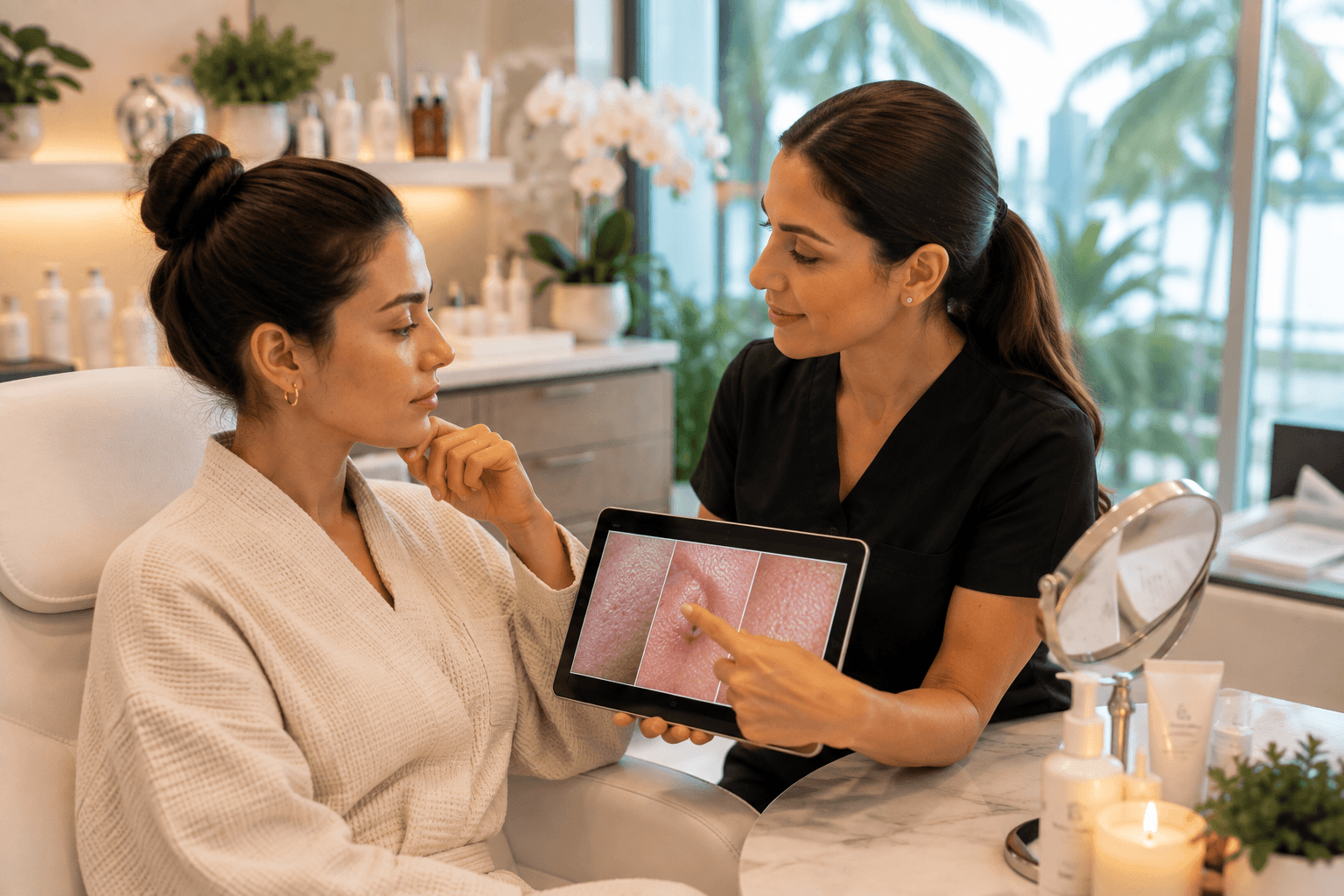 Esthetician performing a hydrafacial treatment on a client's cheek at a Tampa, Florida med spa