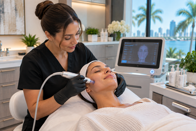 Esthetician using medical-grade laser device during a med spa in Tampa treatment session