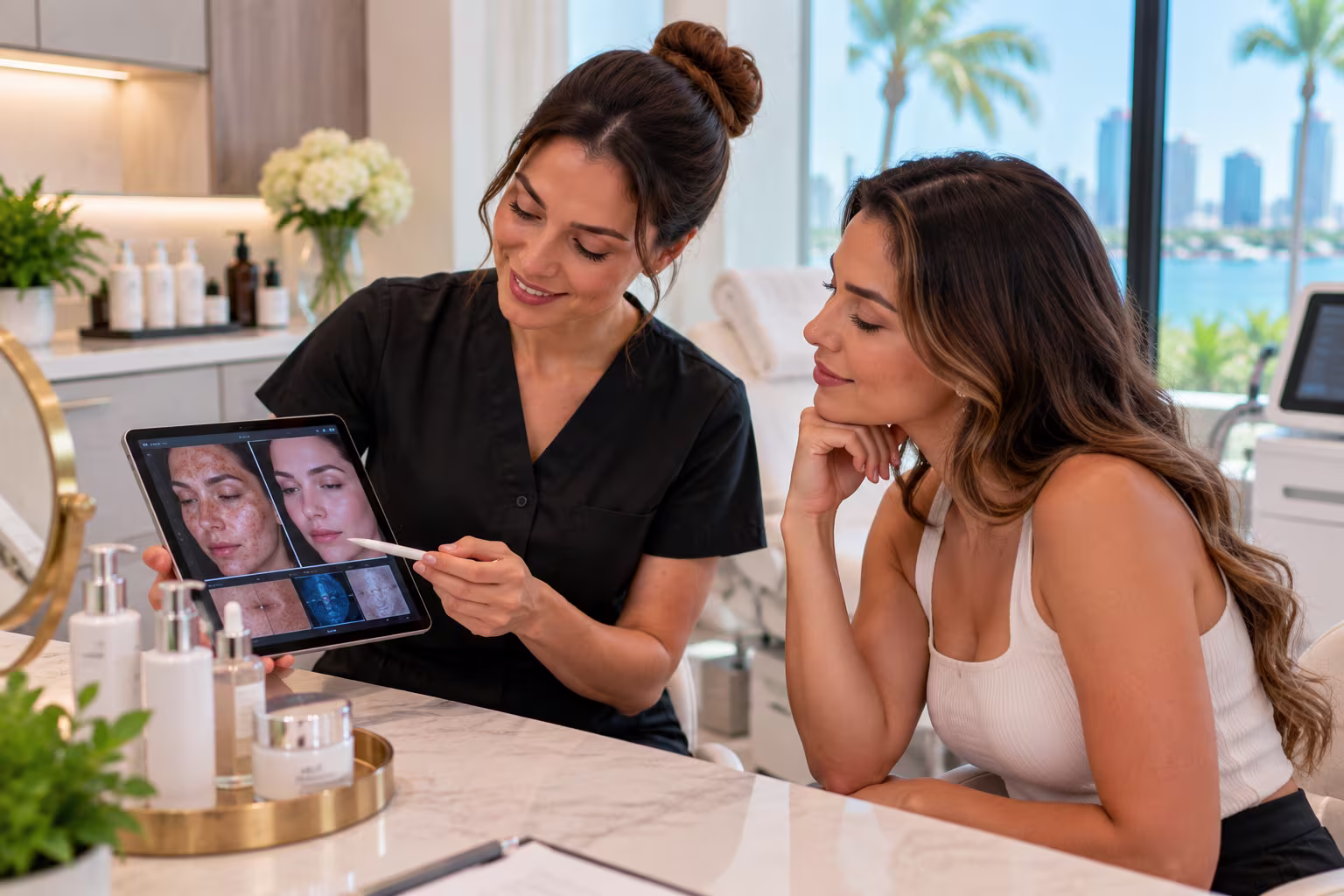 Medical spa Tampa Florida provider reviewing a patient's skin treatment plan