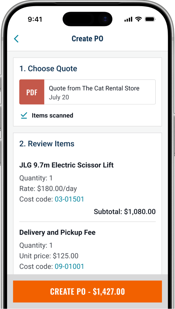 Create purchase order screen in the QuoteToMe app