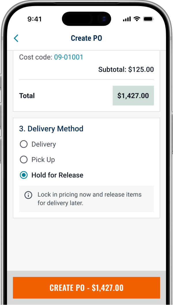 Choosing the Hold for Release delivery option in the QuoteToMe app