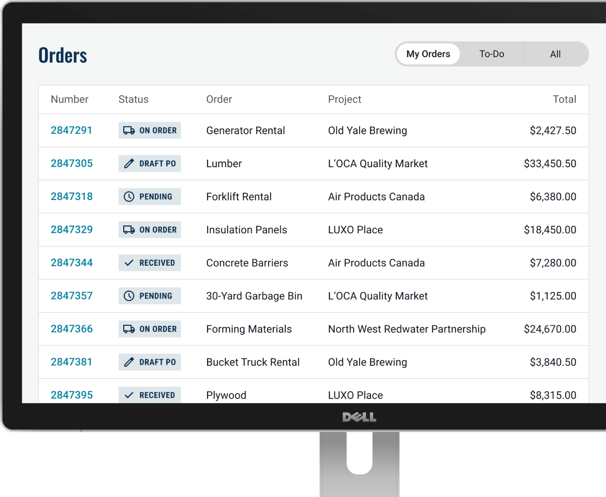 List of orders with different statuses in the QuoteToMe web app