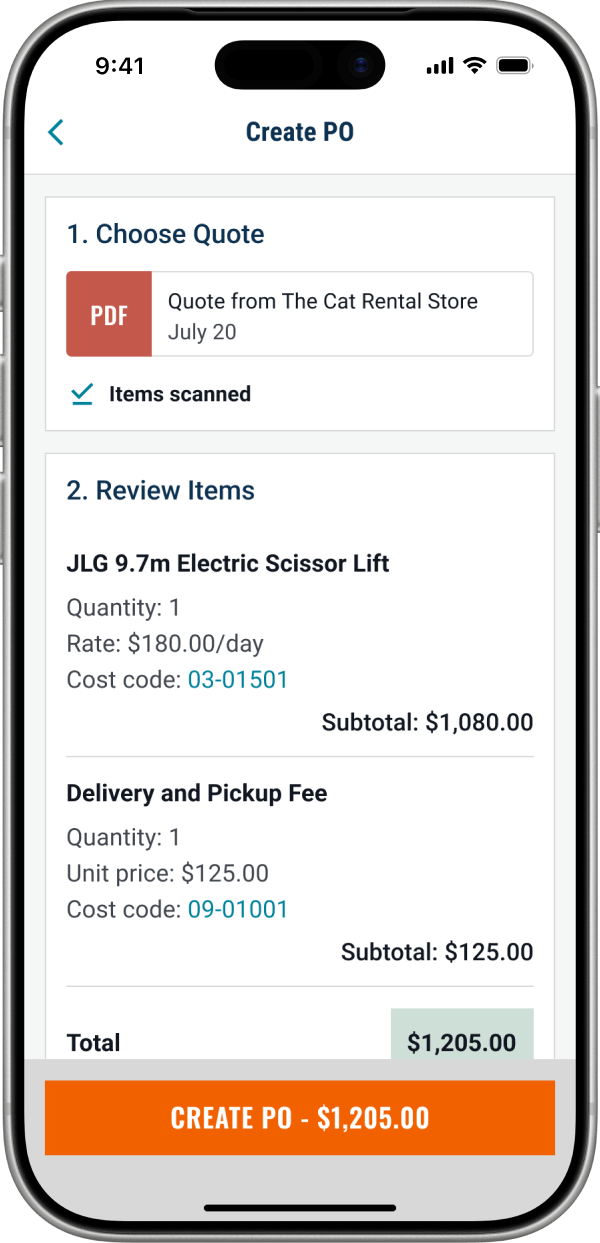 Create purchase order screen in the QuoteToMe app