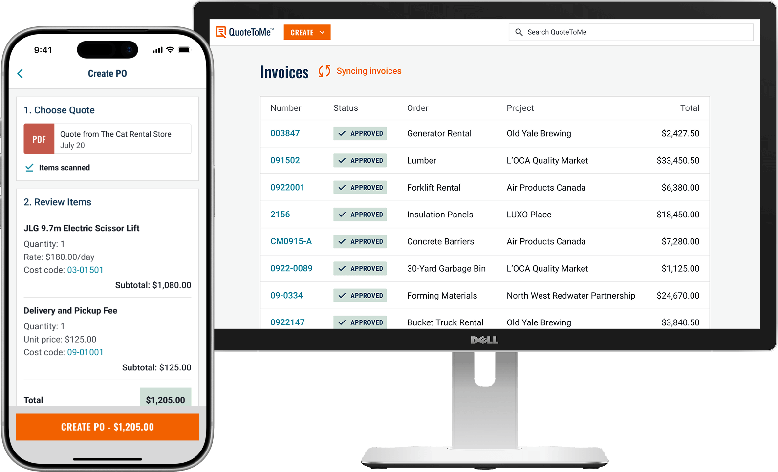 Create PO screen in the QuoteToMe app and a list of approved invoices syncing with an ERP in the QuoteToMe web app
