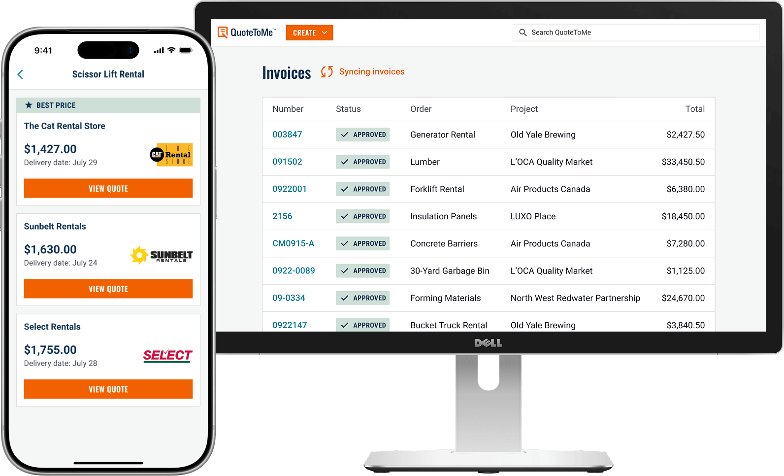 Comparing quotes in the QuoteToMe app and a list of approved invoices syncing with an ERP in the QuoteToMe web app