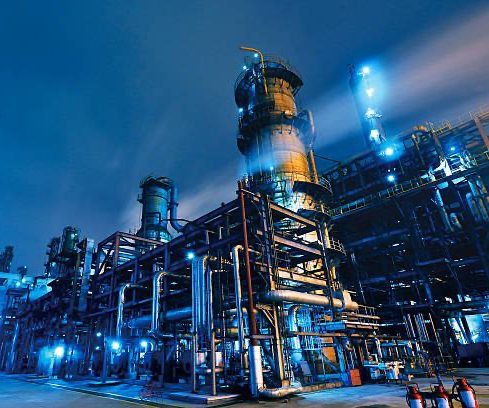 Energy processing facility at night