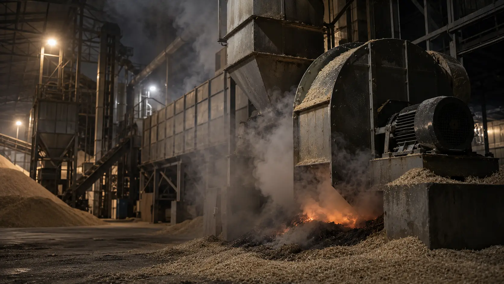 Fire-damaged dryer at a rice processing plant