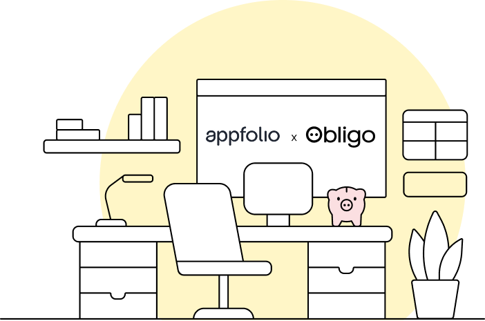 Illustration of an office desk with a computer screen displaying 'appfolio x obligo', a piggy bank, a chair, a desk lamp, shelves with books, and a potted plant.