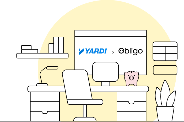 Illustration of a modern desk setup with a computer monitor displaying the Yardi and Obligo logos, accompanied by a piggy bank, plant, desk lamp, and shelves with books.