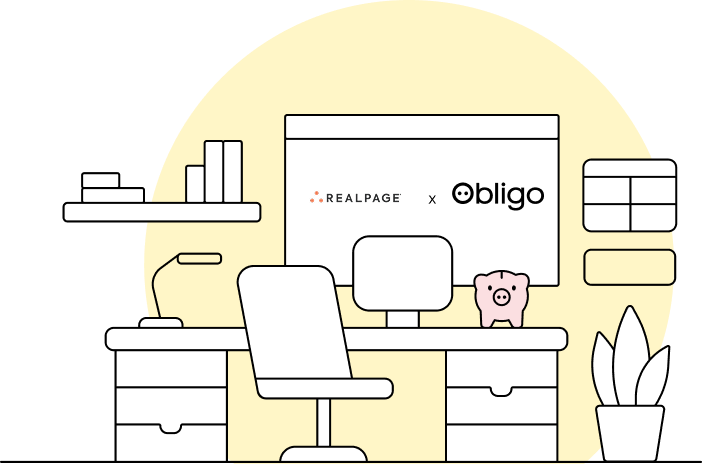 Illustration of a home office desk with a computer monitor displaying RealPage and Obligo logos, a piggy bank, books, lamp, and a potted plant against a yellow circular background.