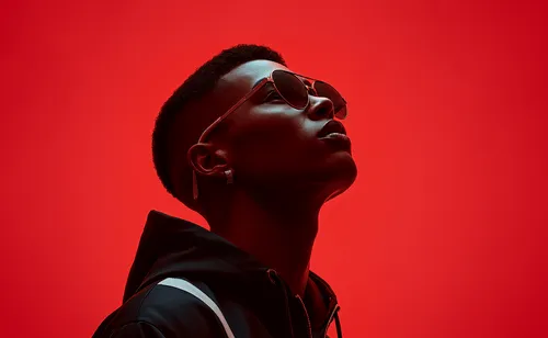 man with red background