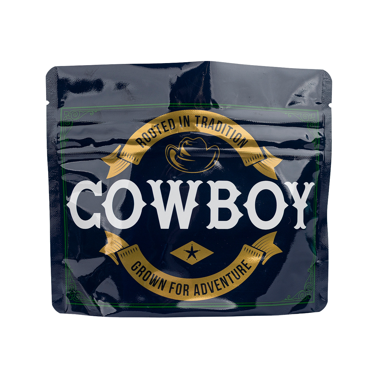 Secure, child-resistant cannabis flower packaging by Cowboy Kush featuring a black resealable pouch with opening instructions and the prominent white and gold "Rooted in Tradition, Grown for Adventure" logo, isolated against a light neutral background.