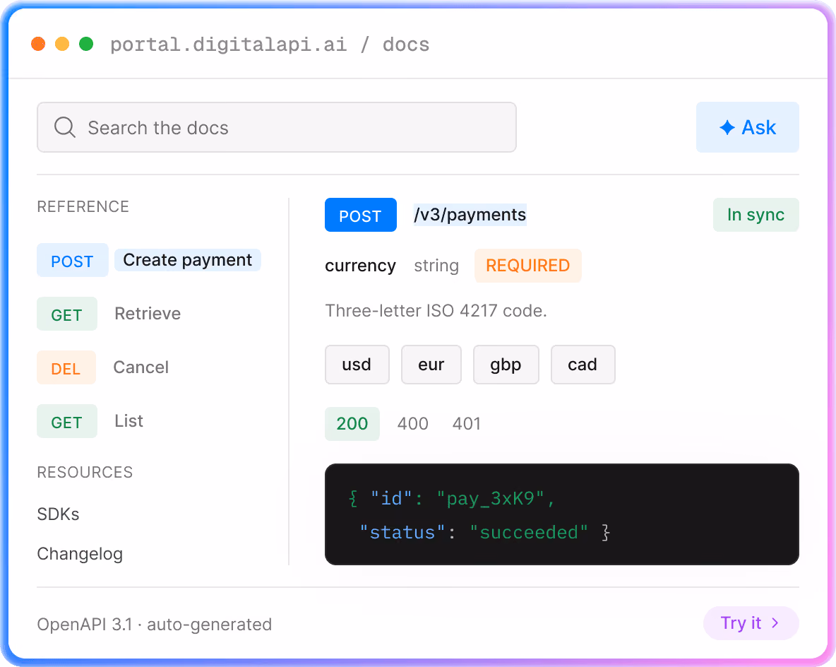 API documentation portal interface showing endpoint reference and code samples