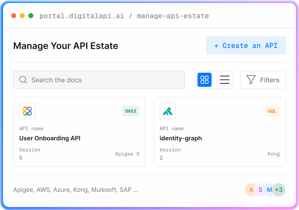 API estate portal showing a searchable catalog of APIs across Apigee, AWS, Azure, Kong, Mulesoft and SAP