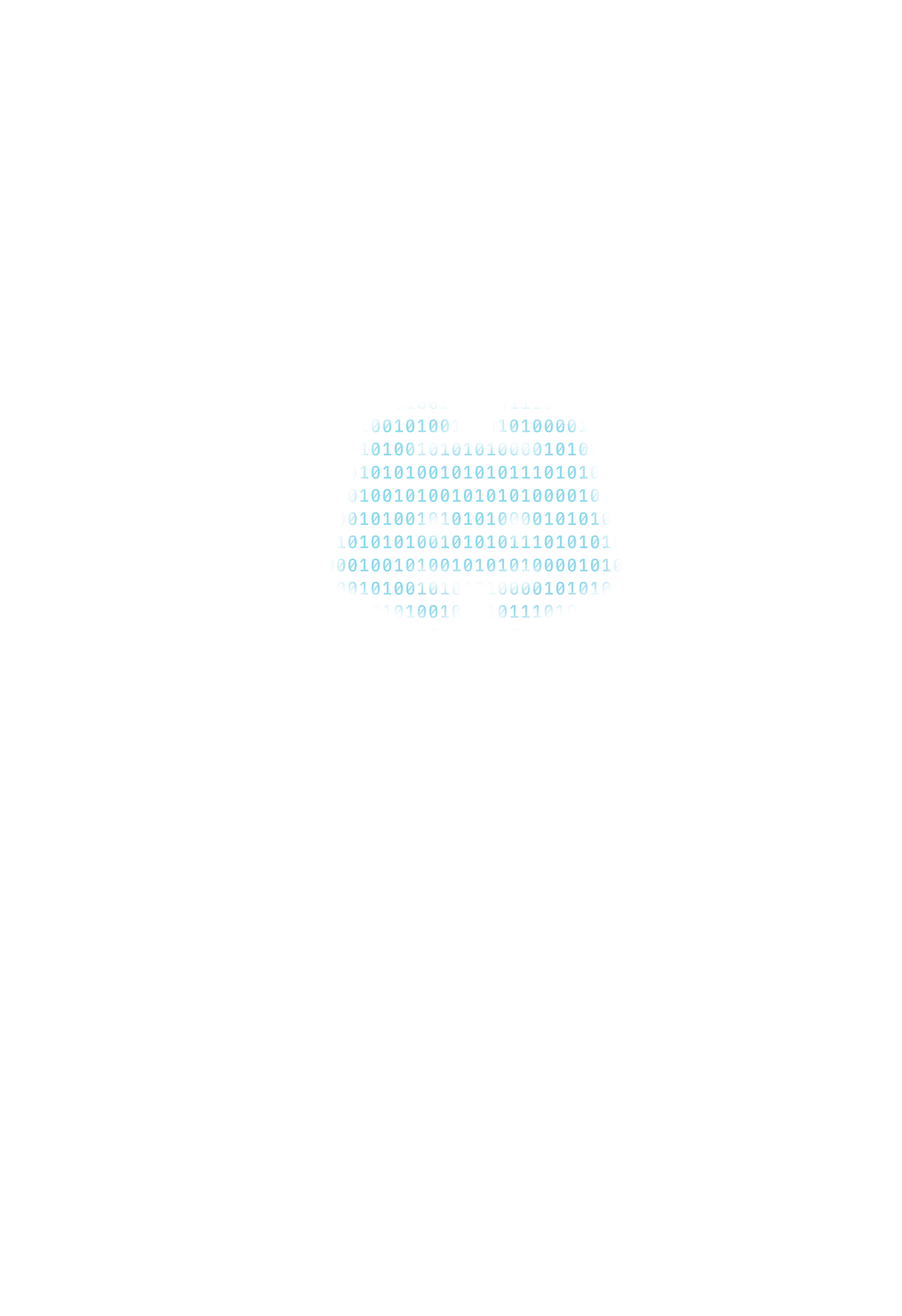 Blue text of binary code arranged in the shape of a brain against a black background.